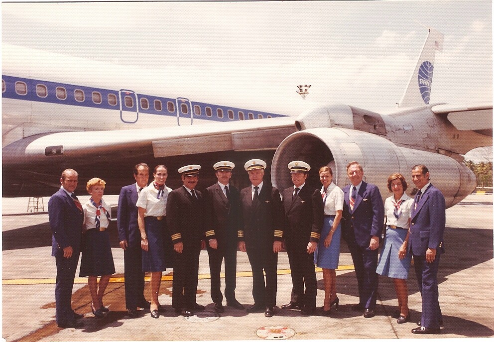 1970s Ray & Andree Le Dour pose with fellow crew members in Casablanca, Morocco by a Pan Am Boeing 707 while serving on an Olson Charter.  The Olsen Charters were an exclusive round-the-world all first class service.