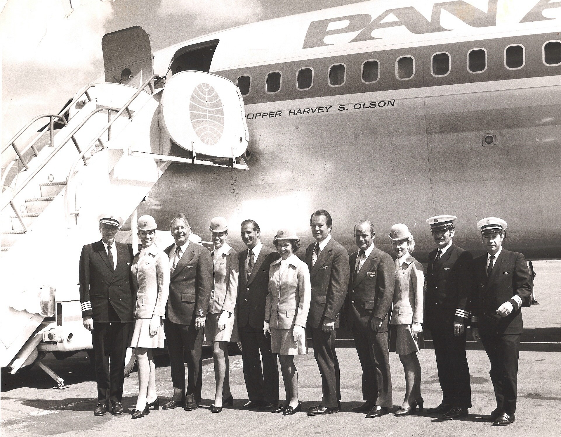 1970s Ray & Andree Le Dour pose with fellow crew members by a Pan Am Boeing 707 while serving on an Olson Charter.  The Olsen Charters were an exclusive round-the-world all first class service.