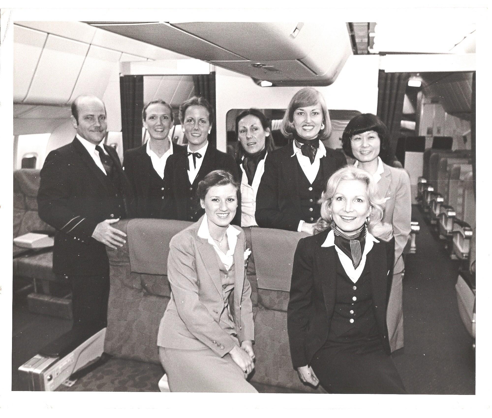 1980s Purser Ray LeDour posing with fellow crew members in the first class cabin of a Pan Am Lockheed L1011-500.  This aircraft only servced in the Pan Am fleet for 6 years.
